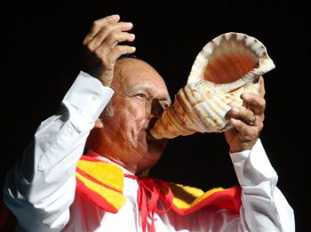 Likeke Uncle Babes Bell on the conch shell opening the
	concert.